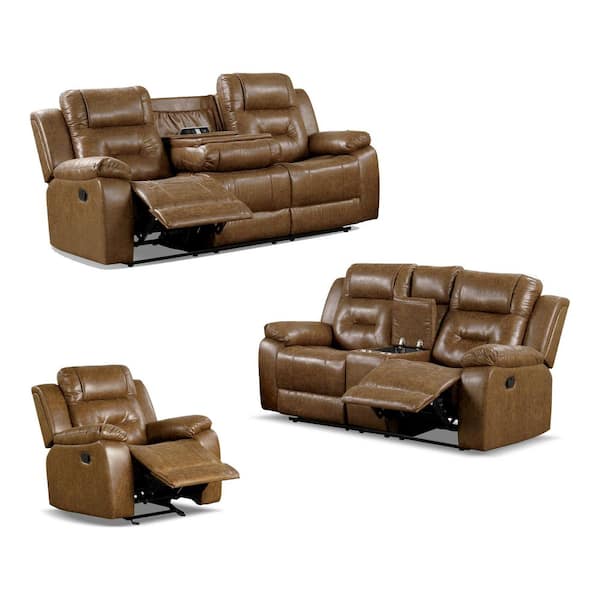 Salisbur 3-Piece Brown Faux Leather Upholstered Reclined Living Room Set with Pillow Top Arms, USB Chargers and Console