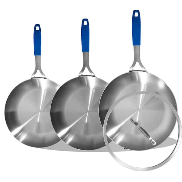 8.5-10-12 Inch Stainless Steel Tri-Ply Fry Pan Set with Lid Induction Compatible Dishwasher Safe Cookware Set