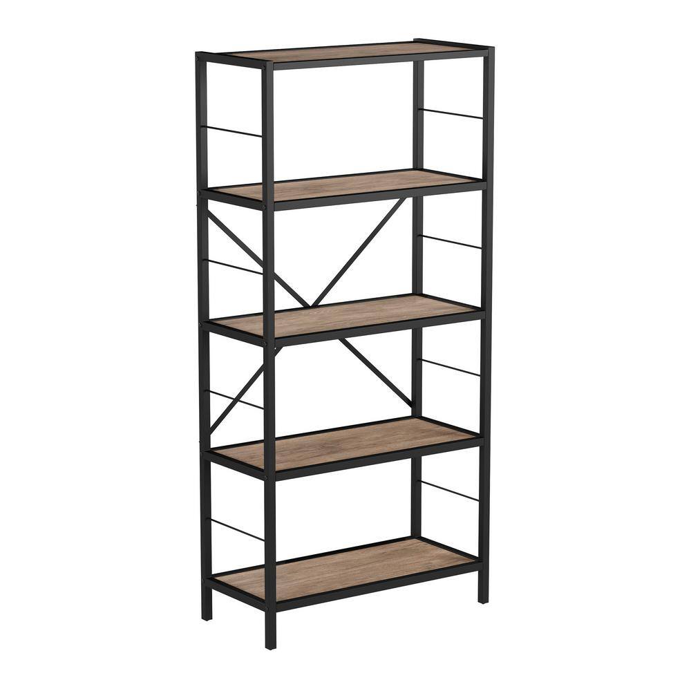 63 in. Brown Woodgrain and Black Wooden 5-Shelf Standard Open Bookcase ...