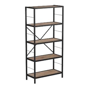 63 in. Brown Woodgrain and Black Wooden 5-Shelf Standard Open Bookcase Industrial Style Etagere Shelving