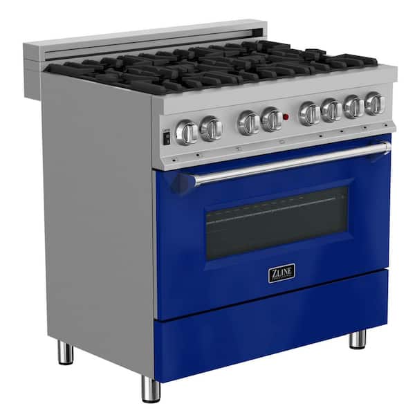 ZLINE Kitchen and Bath 36 in. 6 Burner Dual Fuel Range with Blue Gloss Door in Fingerprint Resistant Stainless Steel