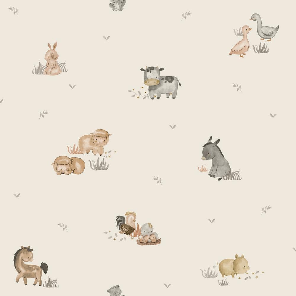 Beige Little Explorers 2 Farm Animals Matte Finish Non-Pasted Non-Woven Wal
