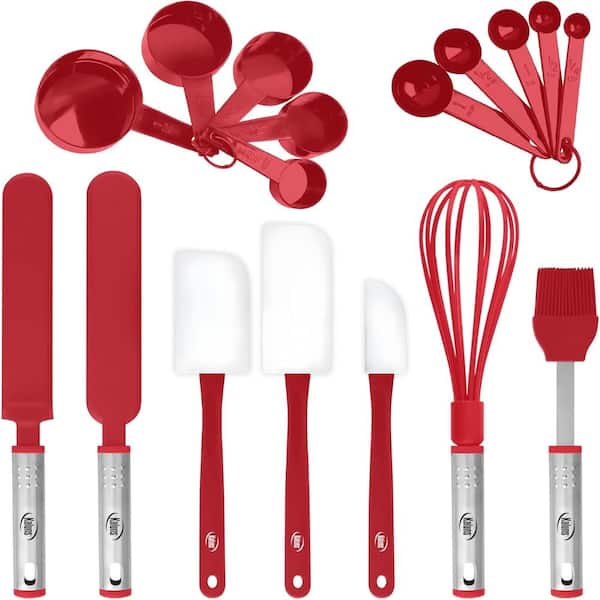 17-Piece Red Nylon and Stainless Steel Baking Utensil Set with Measuring Cups, Spoons and Spatulas