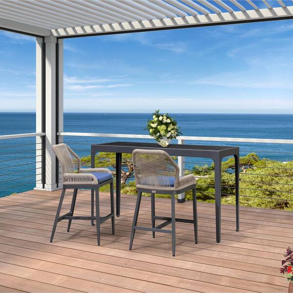 PURPLE LEAF Modern Aluminum Rectangle Counter Height Top Table and Wicker Outdoor Bar Stool Set with Navy Blue Cushions, (3-Pack)
