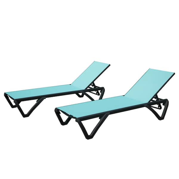 Zeus & Ruta 2 Pieces Lake Blue Metal Outdoor Chaise Lounge with 5 Position Adjustable Backrest and Wheel All Weather Reclining Chair