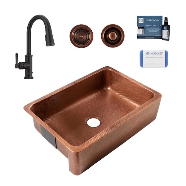 Lange All-in-One Farmhouse Apron Copper Sink 32 in. Single Bowl Kitchen Sink with Pfister Faucet and Drain in Bronze Lange All-in-One Farmhouse Apron Copper Sink 32 in. Single Bowl Kitchen Sink with Pfister Faucet and Drain in Bronze