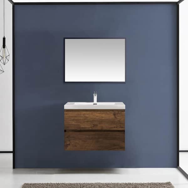 Satico 30 in. W x 19 in. D x 20 in. H Wall-Mounted Bath Vanity in Rose Wood with White Glossy Resin Top