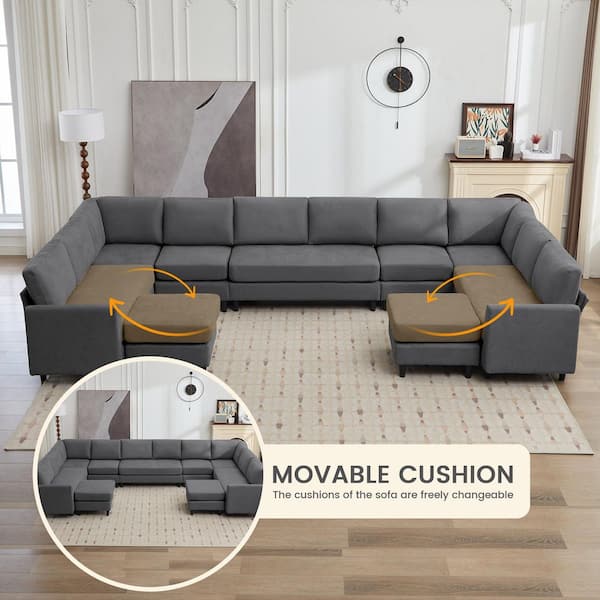 JEAREY 155.9 in. Width Linen Convertible Large U-Shaped Shaped Sofa Couch, Large 12-Seater Sofa with 2 Ottomans in Dark Gray