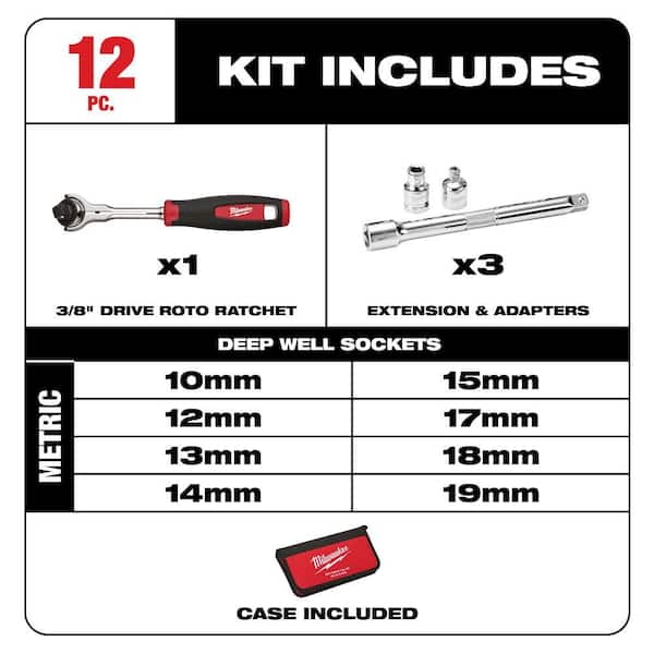 Milwaukee - 3/8 in. Drive Metric Ratchet & Socket Set (12-Piece)