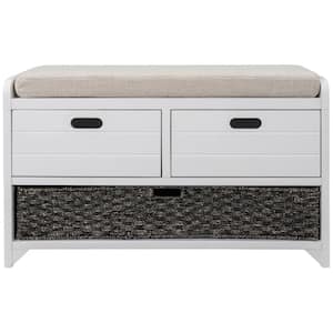 Storage Bench White with Removable Basket and 2-Drawers, Fully Assembled Shoe Bench with Removable Cushion