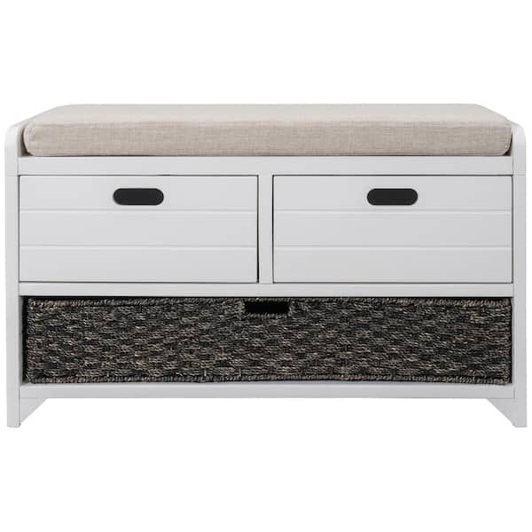 aisword Storage Bench White with Removable Basket and 2-Drawers, Fully Assembled Shoe Bench with Removable Cushion