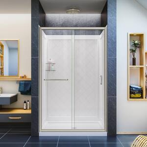 Infinity-Z 36 in. x 48 in. Semi-Frameless Sliding Shower Door in Brushed Nickel with Center Drain Base and BackWalls