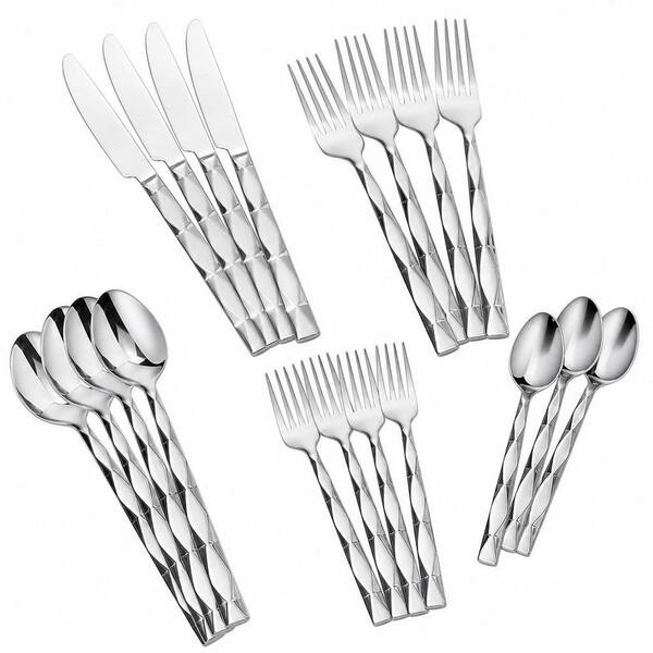 20-Piece Silver 18/10 Stainless Steel Flatware Set with Diamond Cut Pattern (Service for 4), Luxury Silverware Set