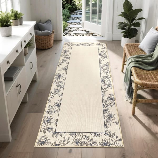 Beige Black 2 ft. x 6 ft. Modern Bordered Print Rug Non-Slip Non-Linting for Bedroom and Dining Room