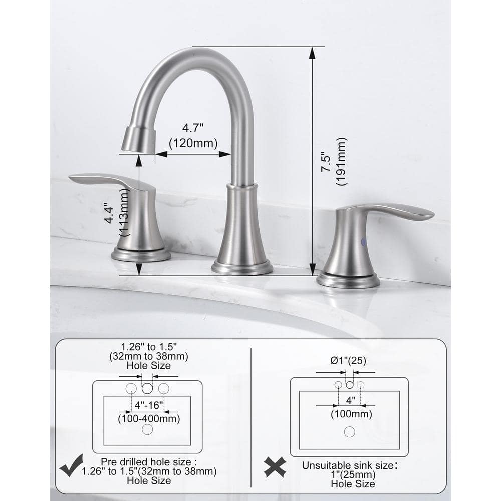Brushed Nickel 8-Inch Widespread Double Handle Bathroom Faucet