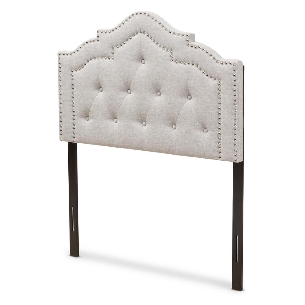 Greyish Beige Tufted Upholstered Twin Headboard with Nailhead Trim