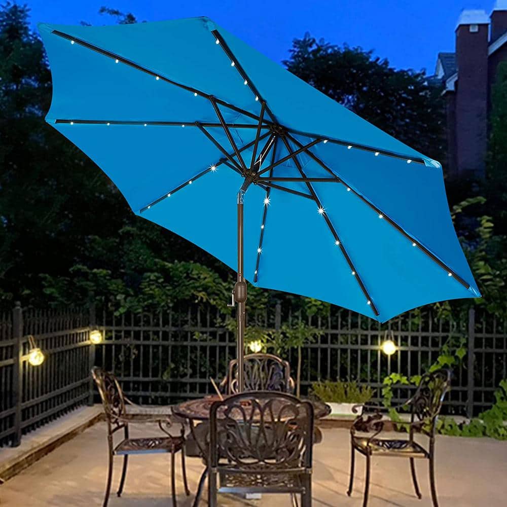 Light Blue 9 ft LED Lighted Market Beach Umbrella with Black Aluminum Pole
