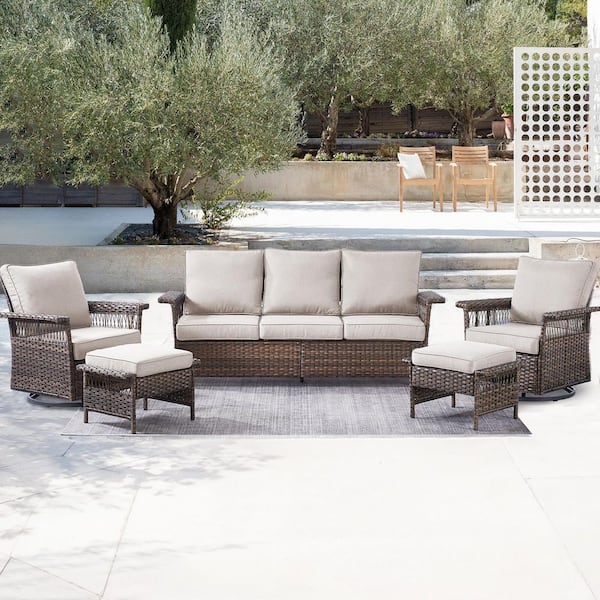 Seagull 5-Piece Brown Wicker Patio Conversation Set with Beige Cushions and Patio Swivel Chairs/Couch