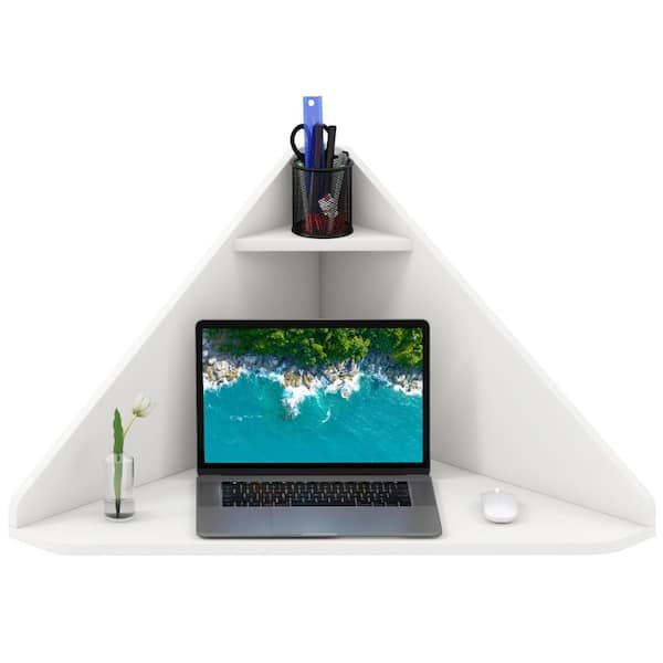 Floating Triangular Corner Computer Desk with Storage Shelf Wall-Mounted for Small Spaces
