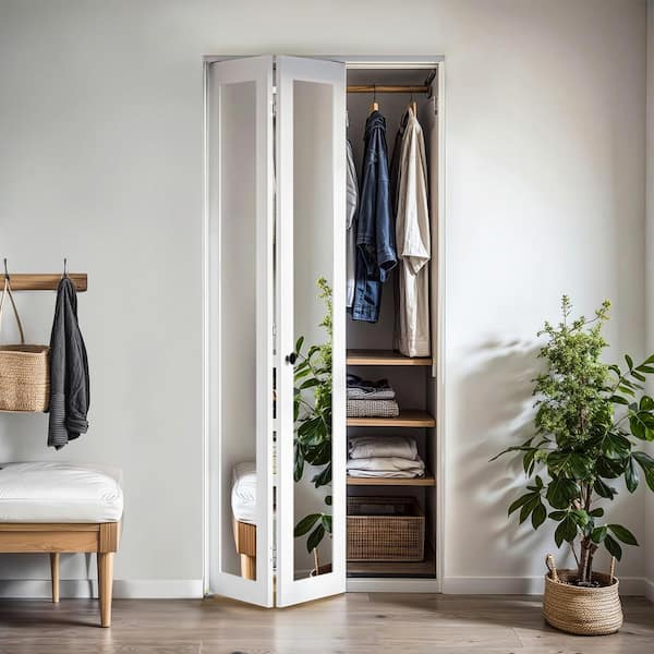 30 in. x 78 in. 1-Lite Mirrored Glass Solid Core White Finished MDF Interior Closet Bi-Fold Door with Hardware Kit