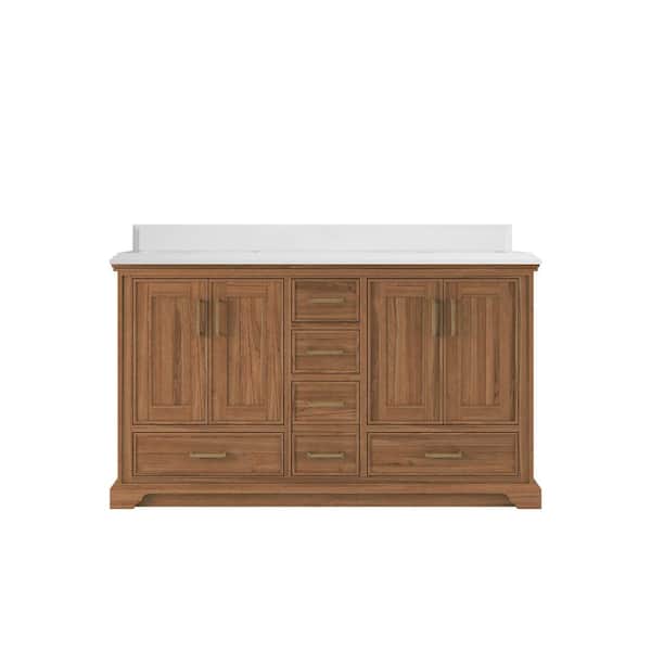 Willow Collections Charlotte Teak 60 in. W x 22 in. D x 36 in. H Double Sink Bath Vanity in Dark Natural with 1.5 in. Empira Quartz Top