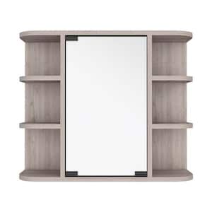 23.6 in. x 20 in. Wood Wall Mounted Shelf with Mirrored Cabinet, 3-Open Shelves, Light Gray Finish