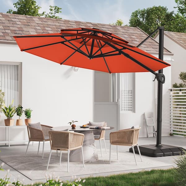 11 ft. Double Top Patio Hanging Octagon Cantilever Umbrella with 360° Rotating Canopy in Rust Red