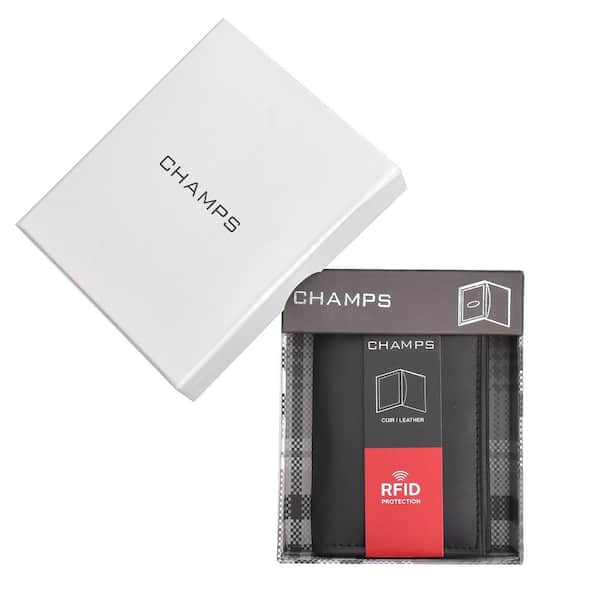 CHAMPS Black RFID Blocking slim Leather Card Holder in Gift Box CH