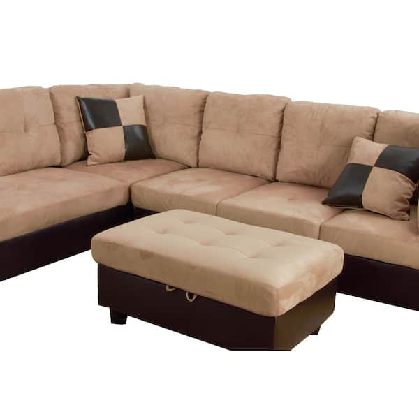 Beige/Brown 3-PC Faux Leather and Microfiber Sectional Sofa with Ottoman 