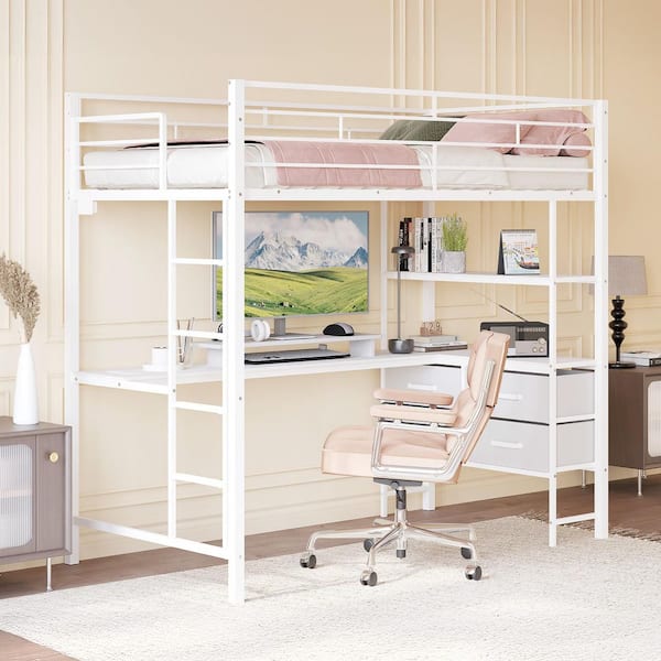 Karl home White Twin Metal Loft Bed Frame with Guardrail, 2 Charging Stations, L-Shaped Desk, Storage Shelve, Drawers, LED Lights
