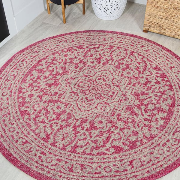 JONATHAN Y Sinjuri Medallion Textured Weave Fuchsia/Light Gray 5 ft. Round Indoor/Outdoor Area Rug