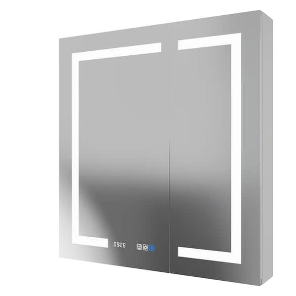Satico 30 in. W x 32 in. H Rectangular Silver Aluminum Recessed/Surface Mount LED Medicine Cabinet with Mirror