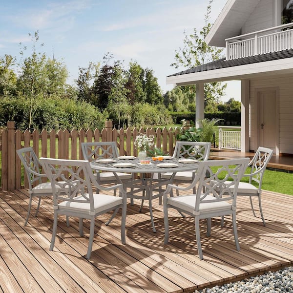 7-Piece Gray Cast Aluminum Round Outdoor Dining Set with Beige Cushions