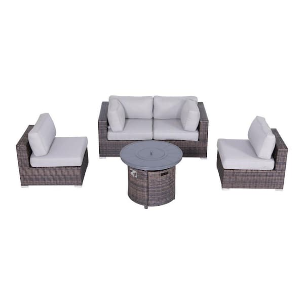 SIMPLE RELAX 5 Piece Sectional Seating Group with Olefin Grey Cushions & Firepit