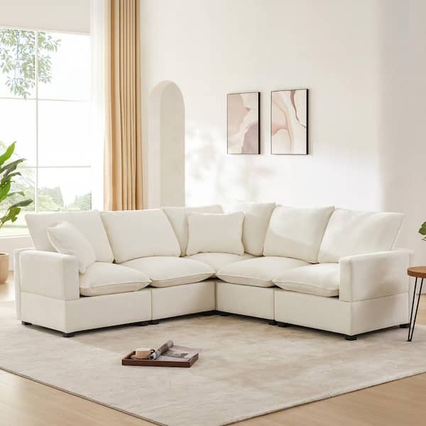 Harper Bright Designs 86 in. Straight Arm Chenille L Shape Modular Sectional Sofa in White with 2 Pillows Freely Combinable Seats GTT034AAA The Home Depot