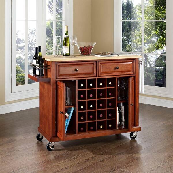 Crosley Natural Wood Top Wine Cart in Cherry