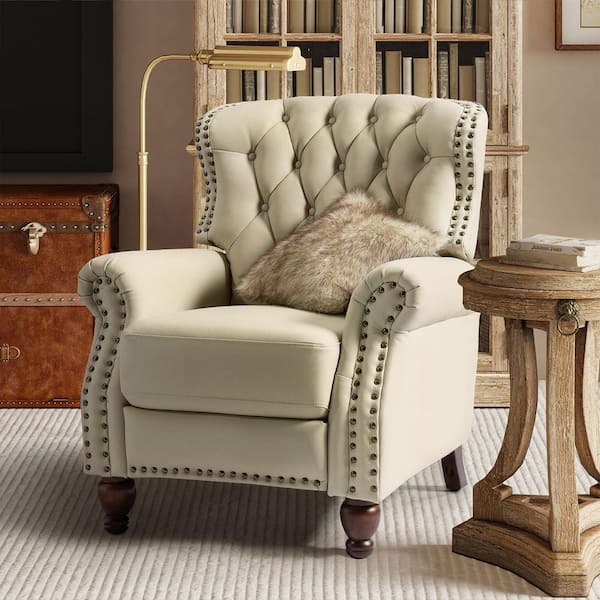 Isabel Beige Genuine Leather Recliner with Tufted Back