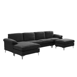 128.3 in. W Round Arm Fabric Convertible Sectional U Shaped Sofa in Black