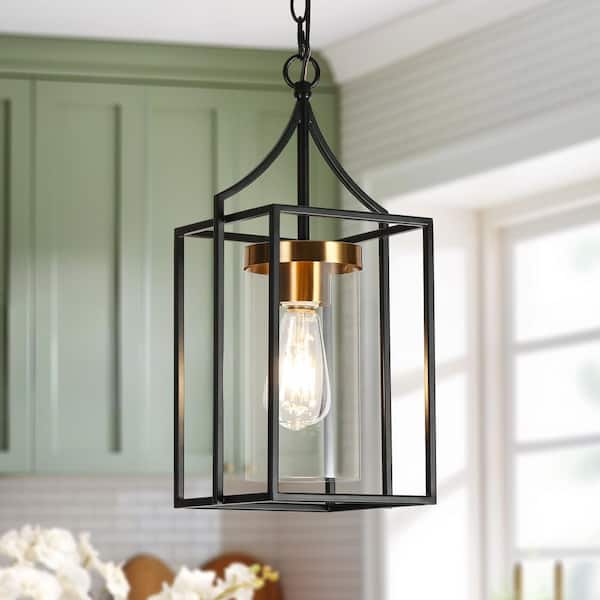 LNC Modern Black Pendant Light Industrial 1-Light Cage Pendant Light with Cylinder Clear Glass Shade and Brass Accents