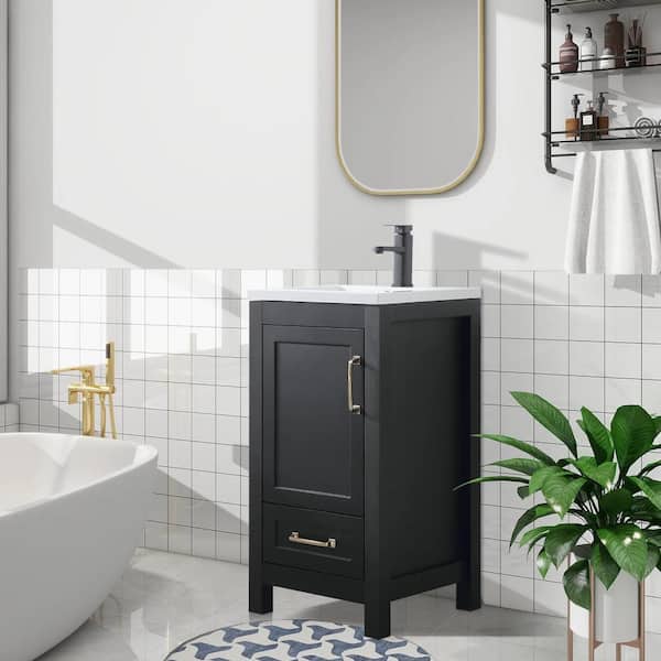 eclife 18 in. W x 18 in. D x 34 in. H Single Sink Bath Vanity in Black with White Ceramic Top and Drain Faucet Set