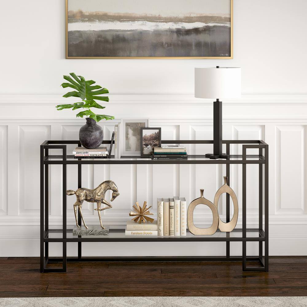 Uriel Blackened Bronze Metal & Glass Console Table with Storage