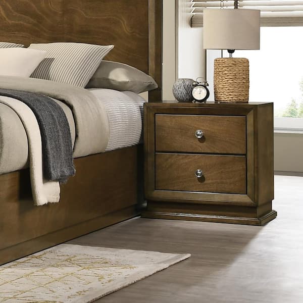 Joune Walnut 2-Drawer 23.5 in. W Nightstand with Metal Center Glide and Zinc Iron Bronze Metal Knob