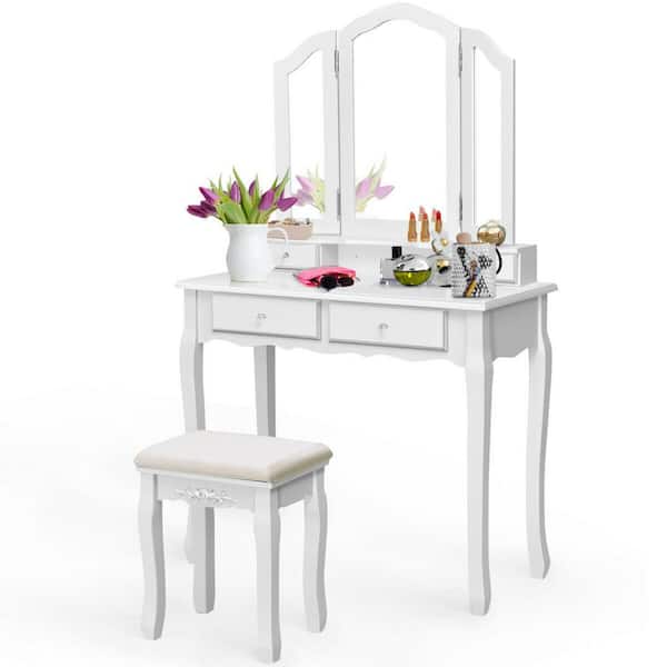 Folding Mirror Makeup Table Stool Set, White Vanity Desk With Mirror And Drawers