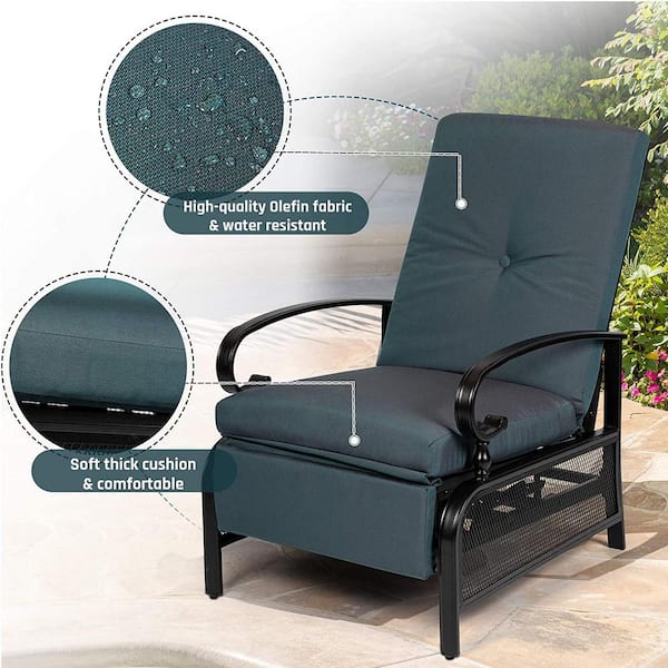 Suncrown Adjustable Black Metal Outdoor Recliner with Peacock Blue Cushions