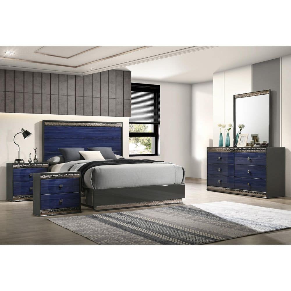 Ellia 5-Piece Ash Gray and Indigo Blue Wood Frame King Platform Bedroom Set with Wooden Panels, Geo Chrome Molding price history on PriceWatchPro