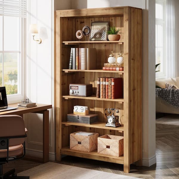 Eulas 70.9 in. Tall Brown Solid Wood Open Bookcase with 5 Shelves, Rustic Freestanding Bookshelf for Storage