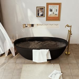 63 in. x 33 in. Stone Resin Solid Surface Non-Slip Freestanding Soaking Bathtub with Brass Drain and Hose in Matte Black
