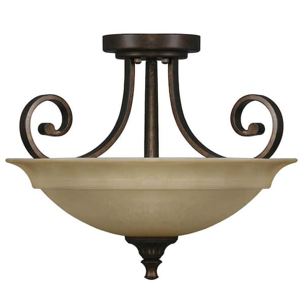 Hampton Bay Carina 16.5 in. 2-Light Aged Bronze Semi-Flush Mount with Glass Shade and Scroll Detail