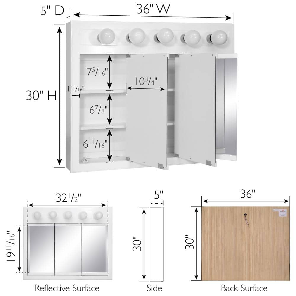 White Glossy 36" Medicine Cabinet with Lights and Mirrors