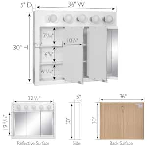 Concord 36 in. W x 30 in. H x 5 in. D Framed 5-Light Tri-View Surface-Mount Bathroom Medicine Cabinet in White Gloss